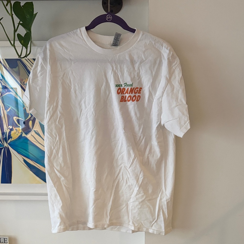 Gildan White Short Sleeve T-Shirt with Orange & Green Chest Print
